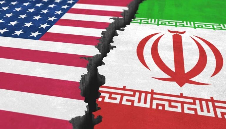 Illustration of the flags of Iran and the USA. Break between state symbols. Concept of political conflict with the Iran. Severance of relations with Iran.