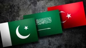 D Illustration Mecca Joint Defense. Dramatic Flag of Pakistan, Saudi Arabia and Turkey. Pakistan, Saudi Arabia and Turkey Mutual Defense Deal.