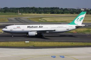 Dusseldorf, Germany - June 26, 2010: Iranian Mahan Air Airbus A300-600 with registration EP-MNQ on taxiway at Dusseldorf Airport