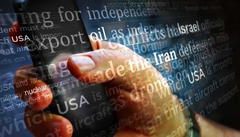 Iran Israel USA war conflict social media on display. Searching on tablet, pad, phone or smartphone screen in hand.