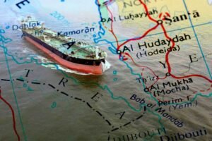 Oil tanker navigating the Strait of Bab-el-Mandeb