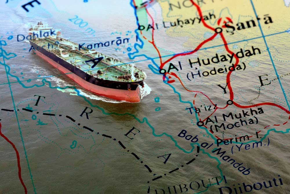 Oil tanker navigating the Strait of Bab-el-Mandeb