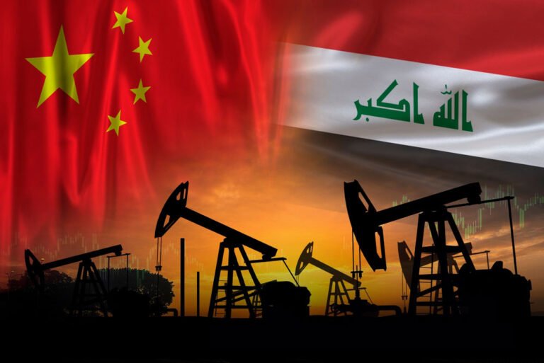 China and Iraq oil industry concept. Chinese and Iraqi flags over oil field